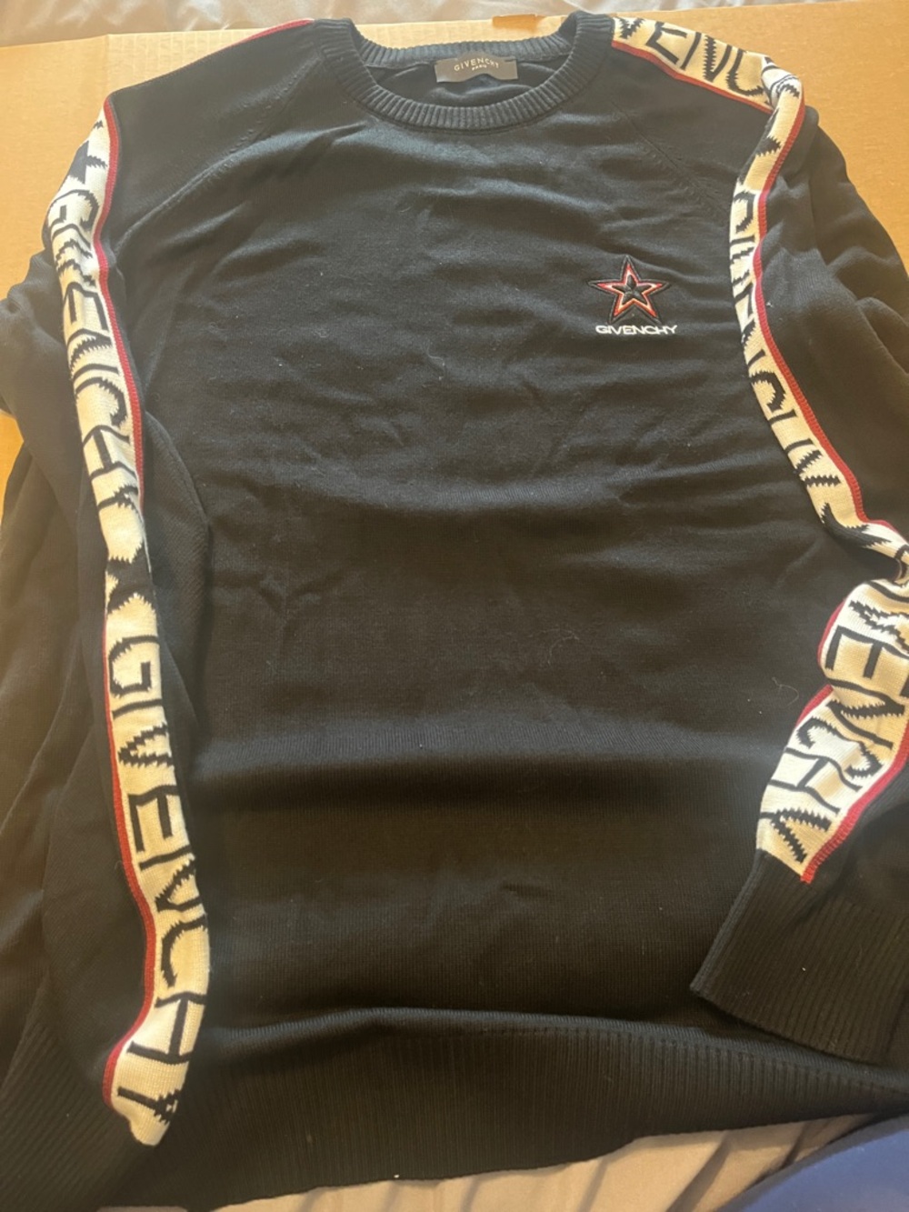 Givenchy Black Crewneck Sweater with White and Red Sleeve Trim